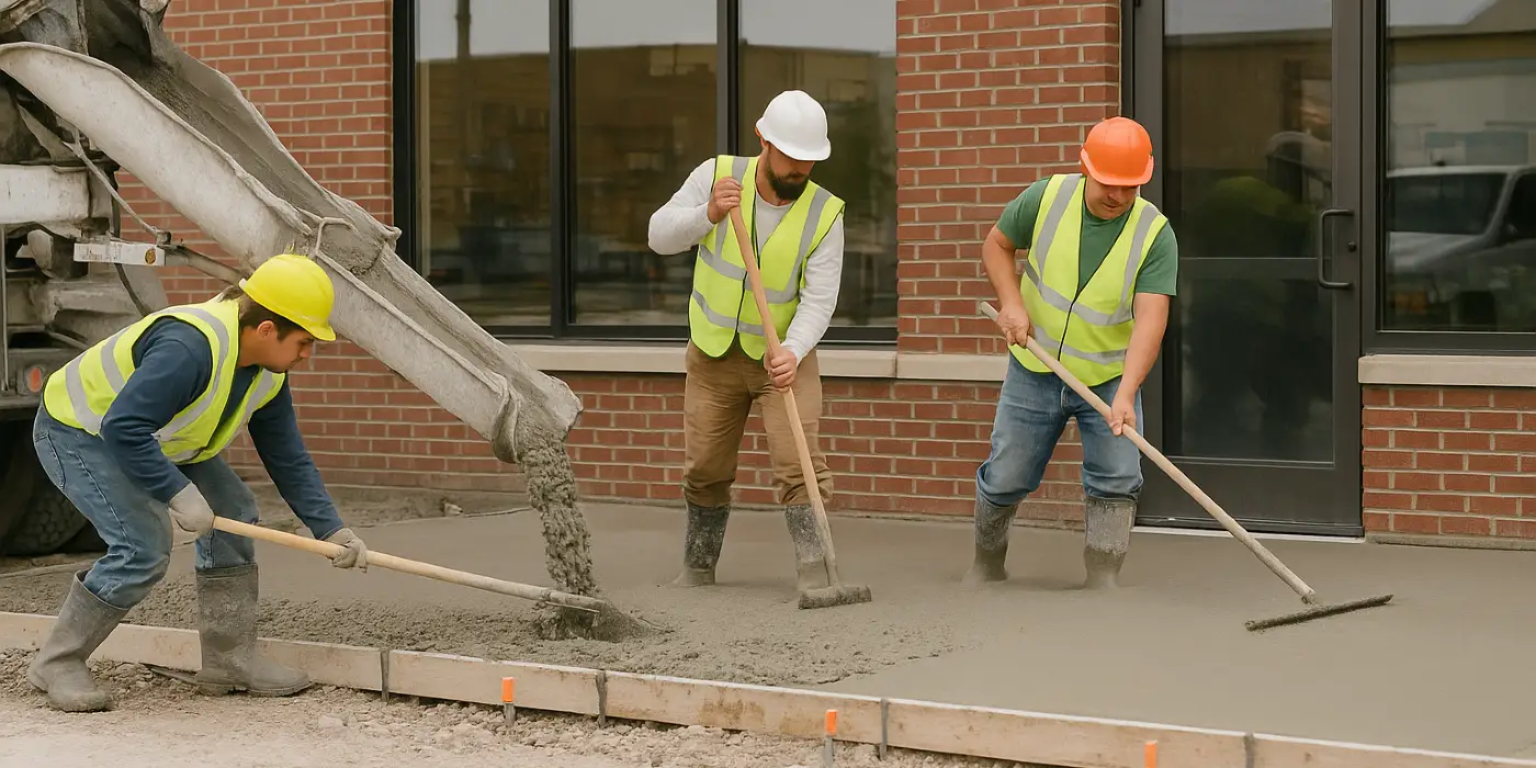 3 concrete contractors spreading concrete on the ground for a sidewalk from Phoenix Concrete Contractor in Chandler, AZ - Chandler AZ