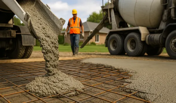 Cement truck pouring cement on a rebared ground from Phoenix Concrete Contractor in Phoenix, AZ - concrete driveway refinishing