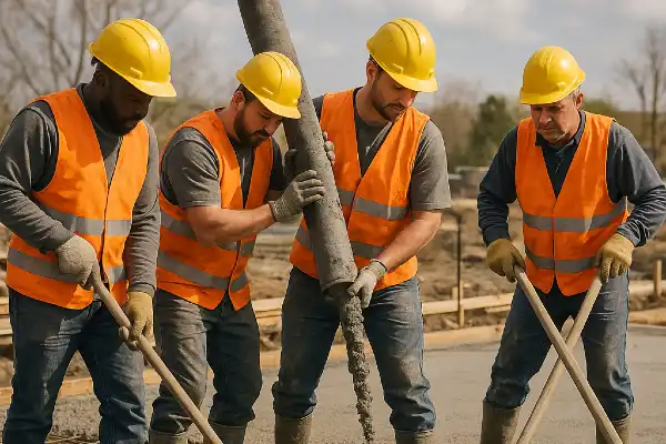 4 workers pouring and spreading concrete on the ground from Phoenix Concrete Contractor in Phoenix, AZ - concrete driveway refinishing