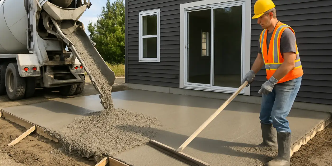 a man spreading the cement a truck is pouring to build a patio from Phoenix Concrete Contractor in Phoenix, AZ - concrete services near me