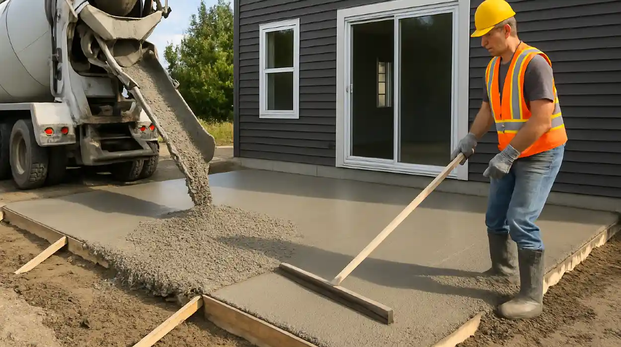 a man spreading the cement a truck is pouring to build a patio from Phoenix Concrete Contractor in Phoenix, AZ - concrete walkway installation
