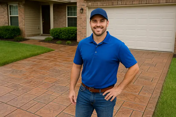 a concrete contractor smiling at the camera with stamped concrete behind him from Phoenix Concrete Contractor in Phoenix, AZ - Driveway Repair