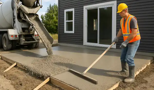 a man spreading the cement a truck is pouring to build a patio from Phoenix Concrete Contractor in Gilbert, AZ - Gilbert AZ