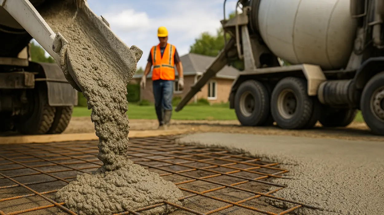 Cement truck pouring cement on a rebared ground from Phoenix Concrete Contractor in Mesa, AZ - Mesa AZ