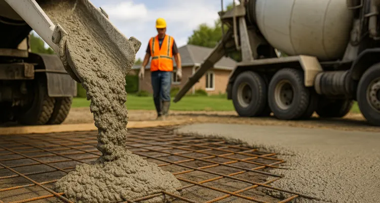Cement truck pouring cement on a rebared ground from Phoenix Concrete Contractor in Phoenix, AZ - Phoenix concrete company